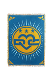Golden State Tapestry Blanket — Jacquard woven cotton throw with a deep blue field, gold radiating circle holding the Unofficial DC logo and three stars, and gold stars anchored in each corner